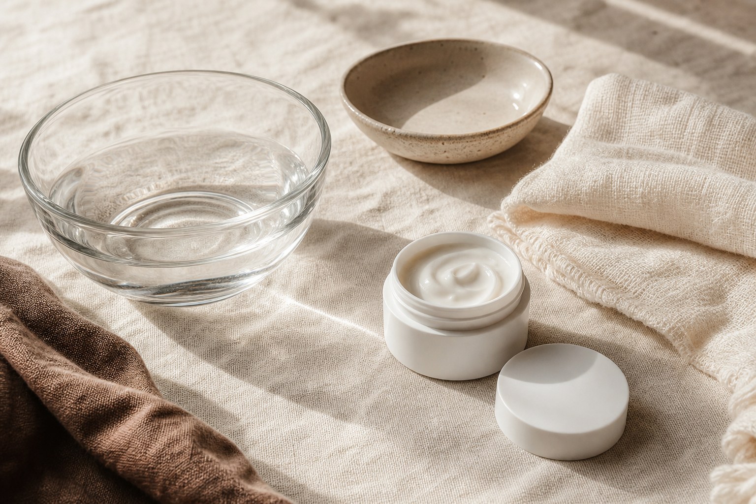 Simple aftercare bowls, water, cotton pads, and textured cloth