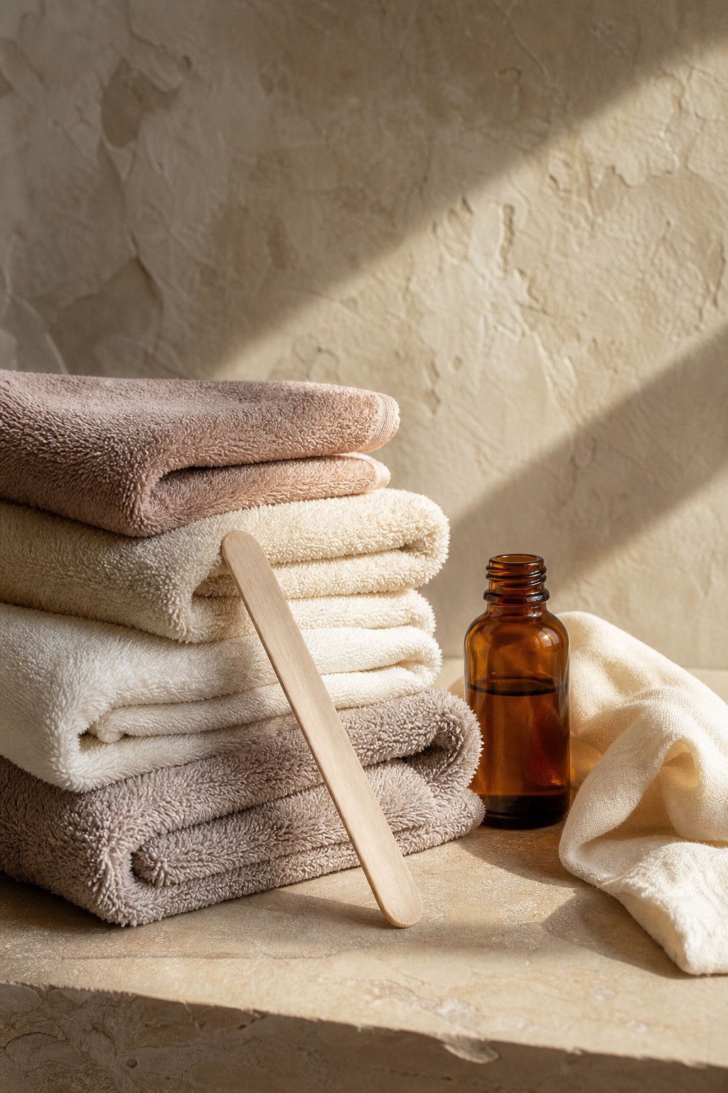 Folded neutral towels, amber bottle, and wooden applicator in warm light