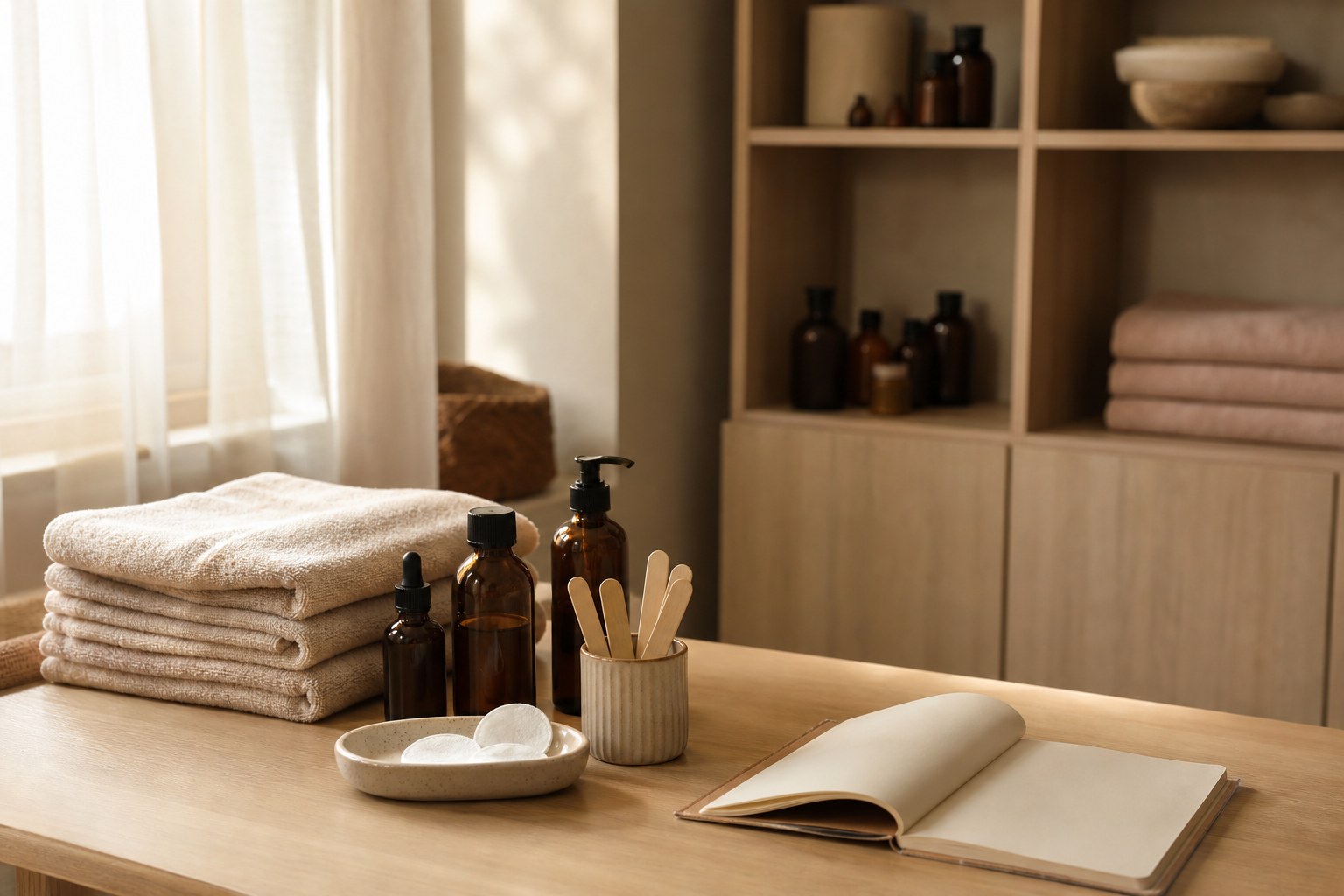 Calm skincare workspace with amber bottles and preparation notes